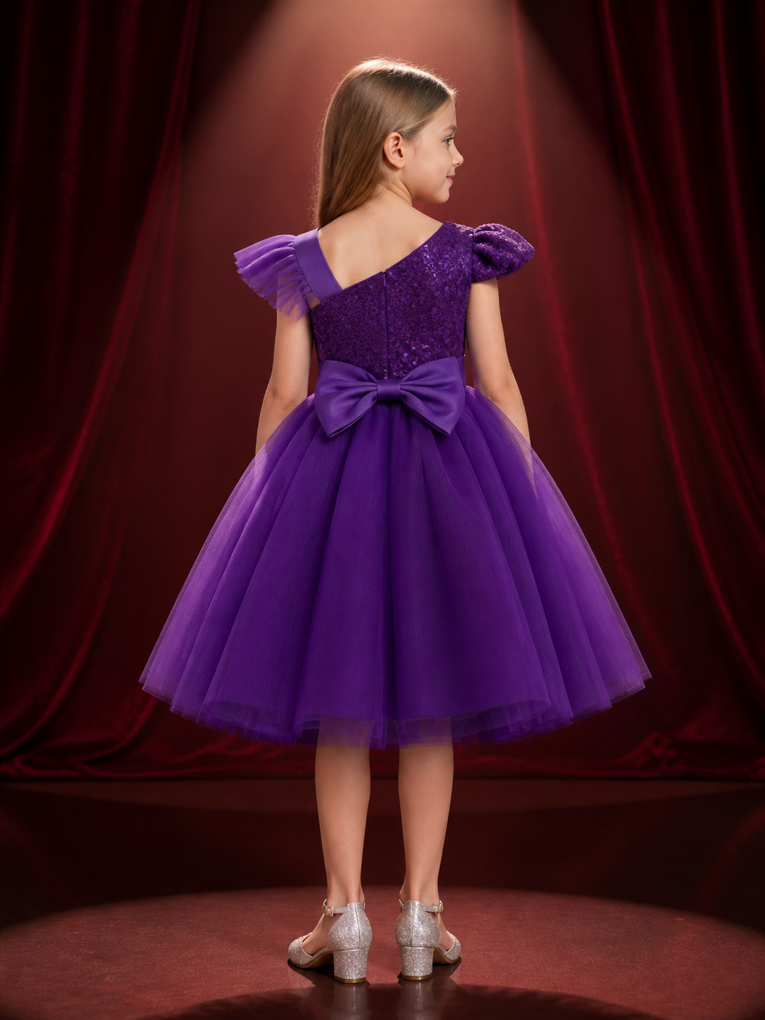 Toddler Girls' Purple Sequined Princess Dress, One-Shoulder Tulle Gown With Bow back view