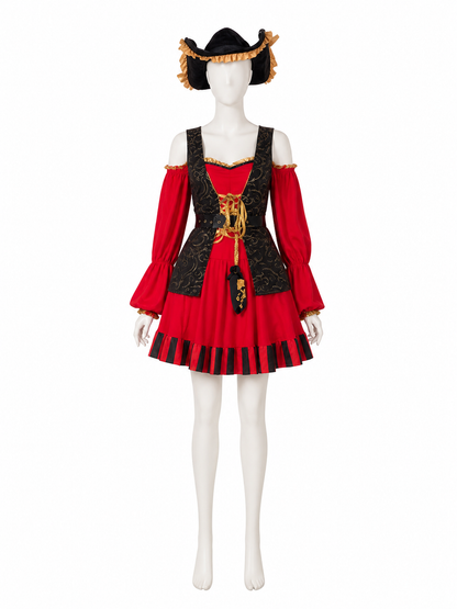 Pirate Halloween Costume Set, Red Black Gold Dress with Hat and Sleeves back view