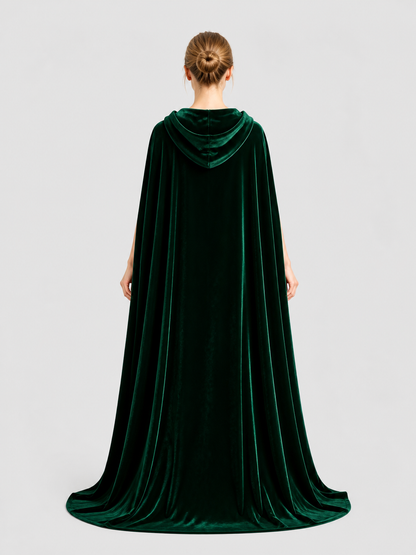 Long Dark Green Hooded Cosplay Cloak back view