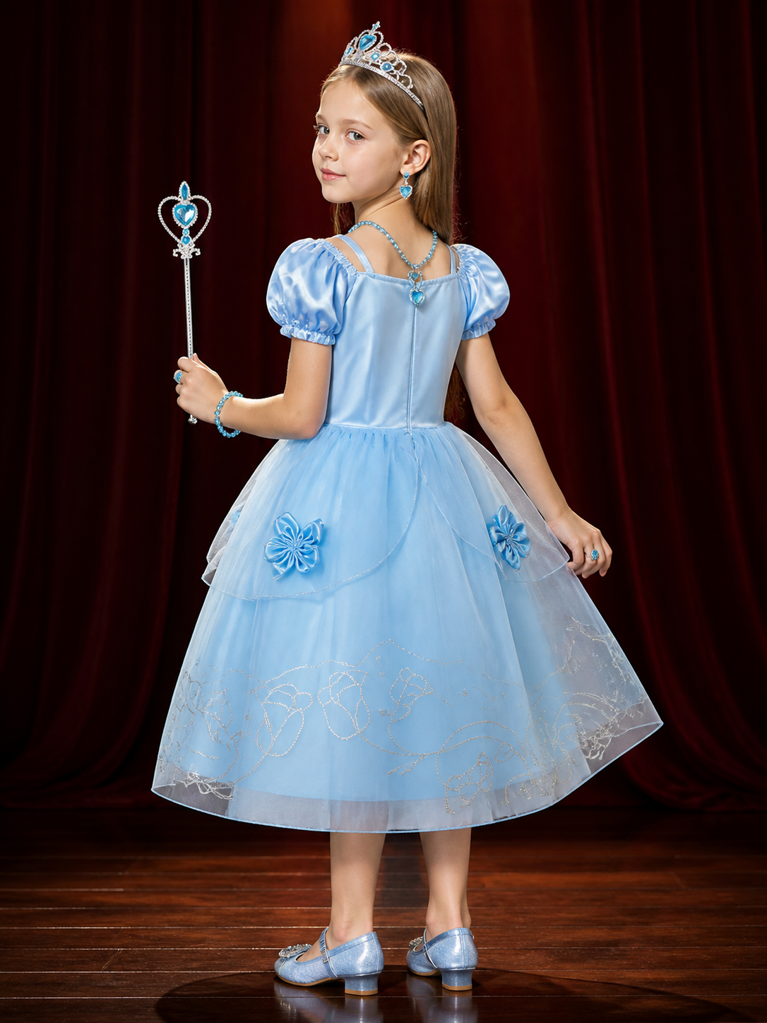 Girls Princess Costume Dress with Crown, Wand & Jewelry Set - Blue Sparkly back view