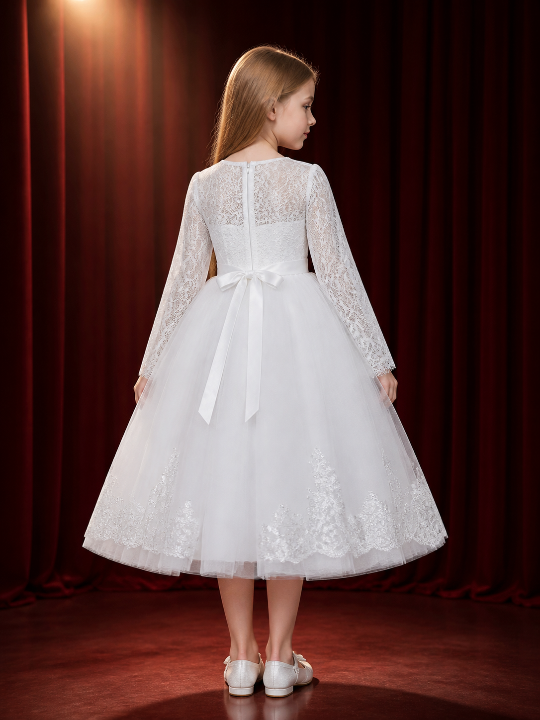 Girls' White Princess Dress, Long Sleeve Lace Tulle Party Formal Gown back view