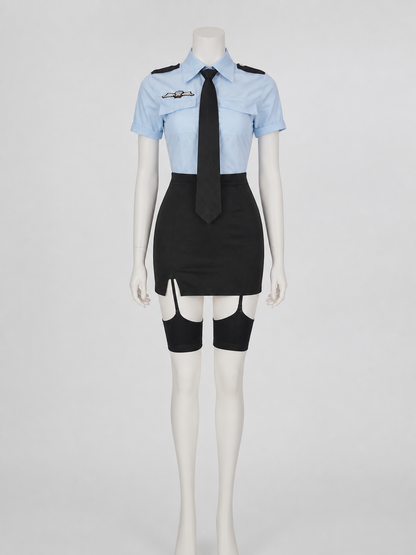 Women's Police Officer Costume Set, Light Blue Short Sleeve Top with Tie and back view