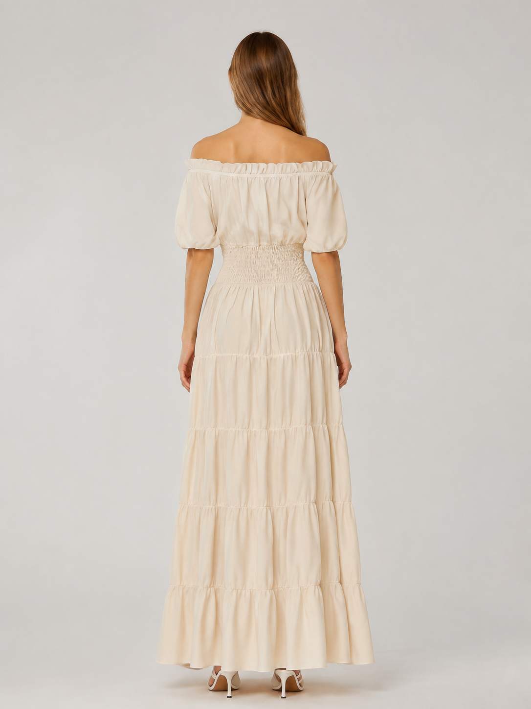 Beige Off-the-Shoulder Floor-Length Dress back view
