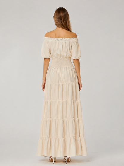 Beige Off-the-Shoulder Floor-Length Dress back view