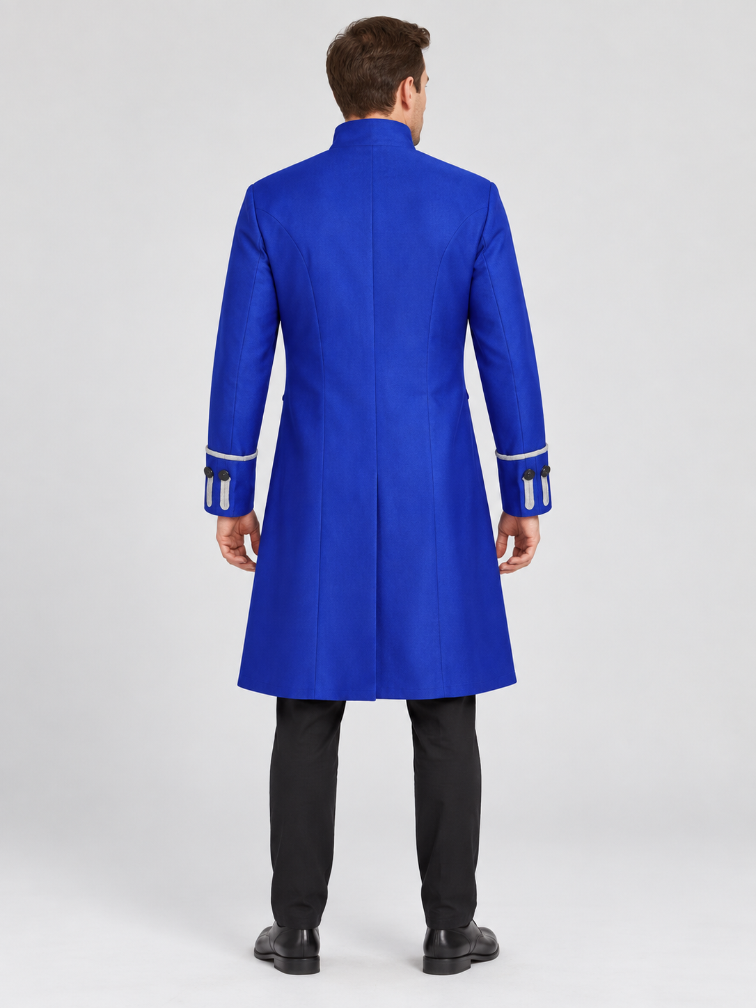 Long blue frock coat with black trim and stand collar