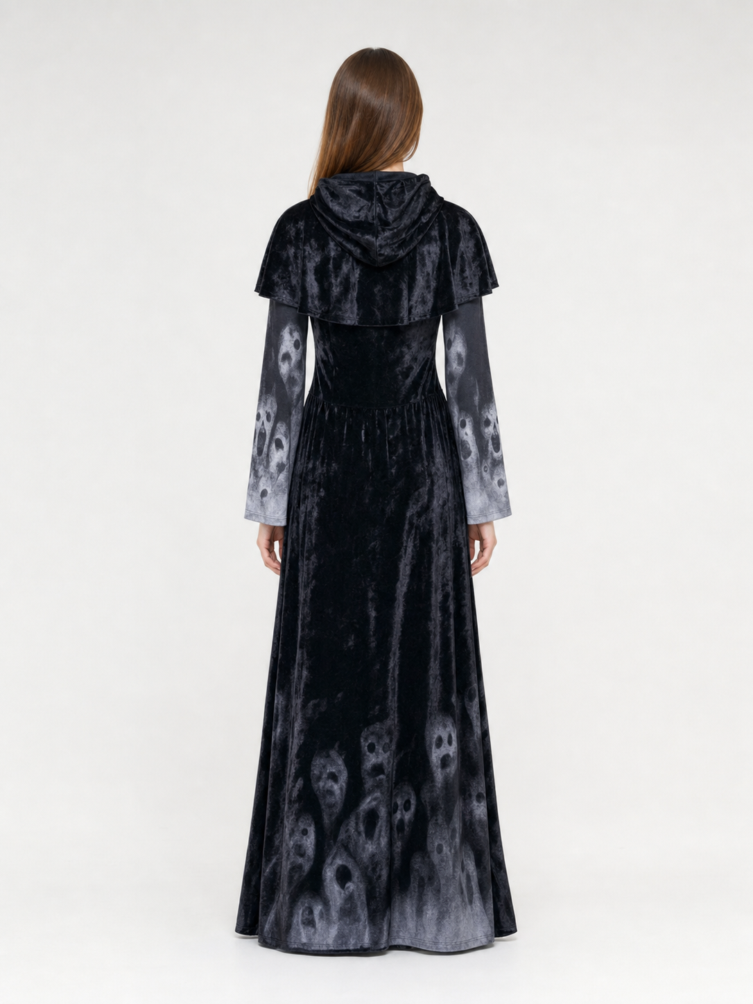 Gothic Hooded Floor-Length Dress with Skull Print back view 2