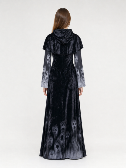 Gothic Hooded Floor-Length Dress with Skull Print back view 2