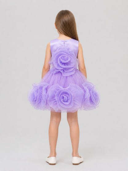 Children's Puffy Tulle Dress with 3D Flowers back view