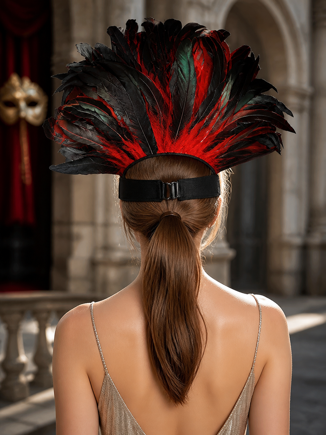 Red and black feather carnival headpiece product view 28