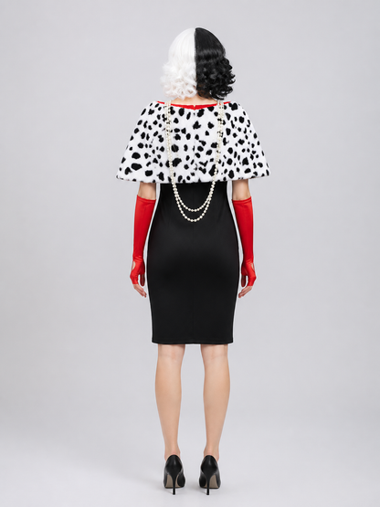 Cruella Cosplay Costume: Dress, Cape, Wig back view