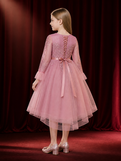 Girls' Princess Formal Dress, Long Sleeve Floral Embroidered Layered Tulle Skirt back view