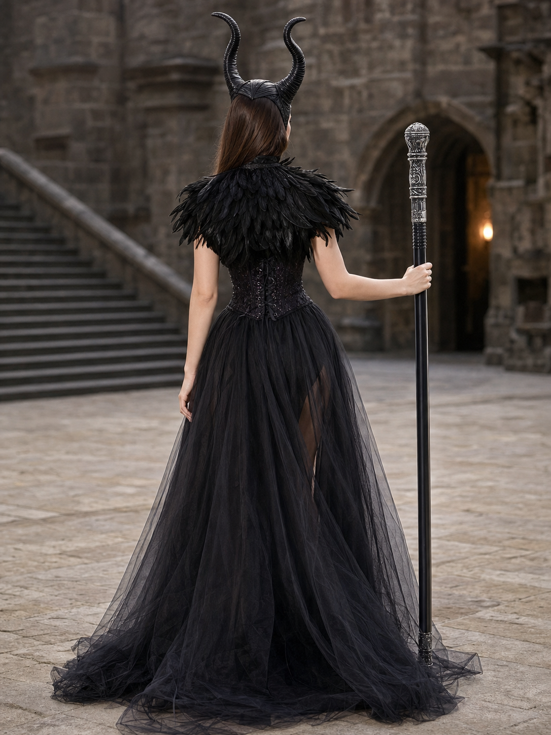 Gothic Costume with Horns, Feathers, Mesh, and Scepter