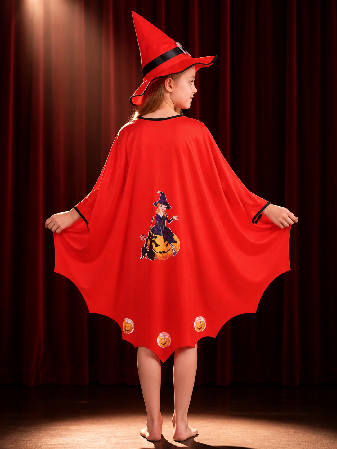 Kids' Wizard Costume Set, Red Witch Cloak with Black Cat Print and Pointed Hat back view