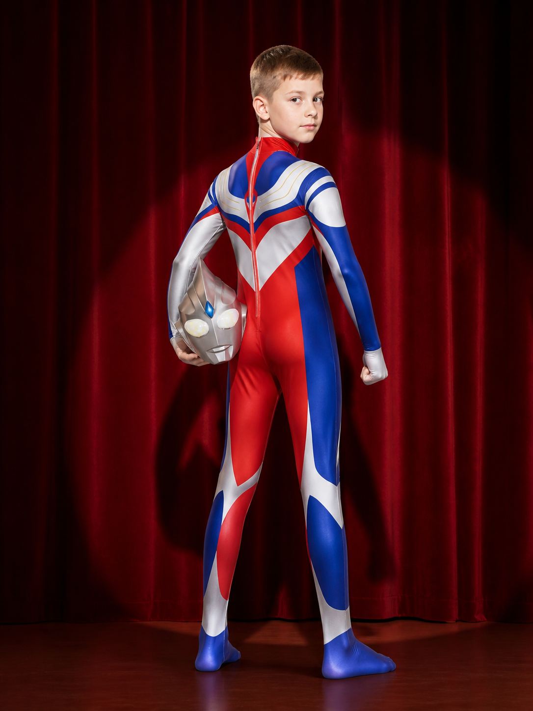 Silver Red Blue Superhero Bodysuit Costume With Helmet, Full-Body Cosplay Outfit back view