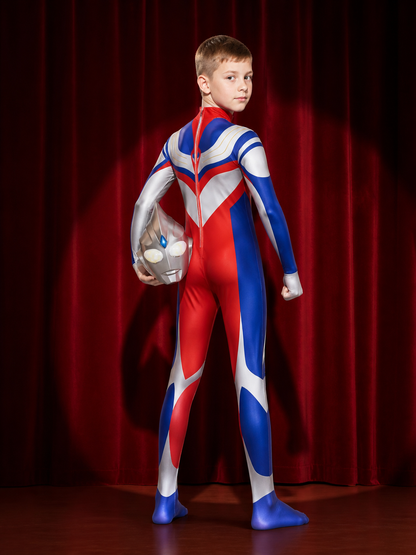 Silver Red Blue Superhero Bodysuit Costume With Helmet, Full-Body Cosplay Outfit back view