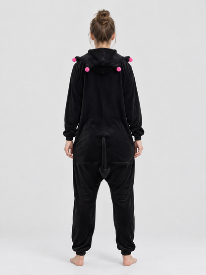 Black Fleece Hooded Pajama Jumpsuit with Ears