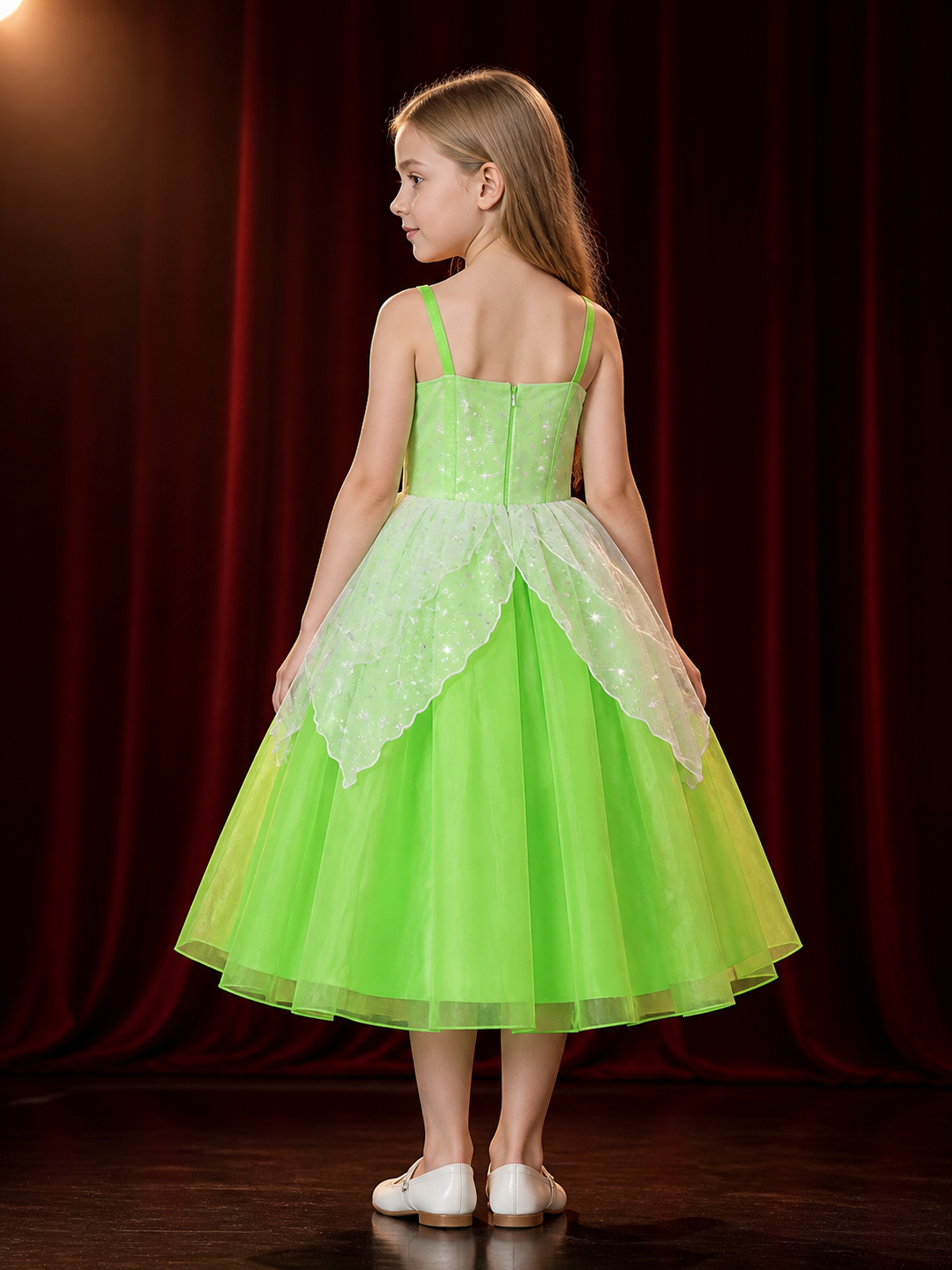 Girls' Green Princess Costume Dress, Sequin Stars, Ruffle Trim and Tulle Skirt back view