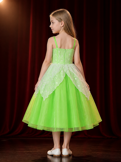 Girls' Green Princess Costume Dress, Sequin Stars, Ruffle Trim and Tulle Skirt back view