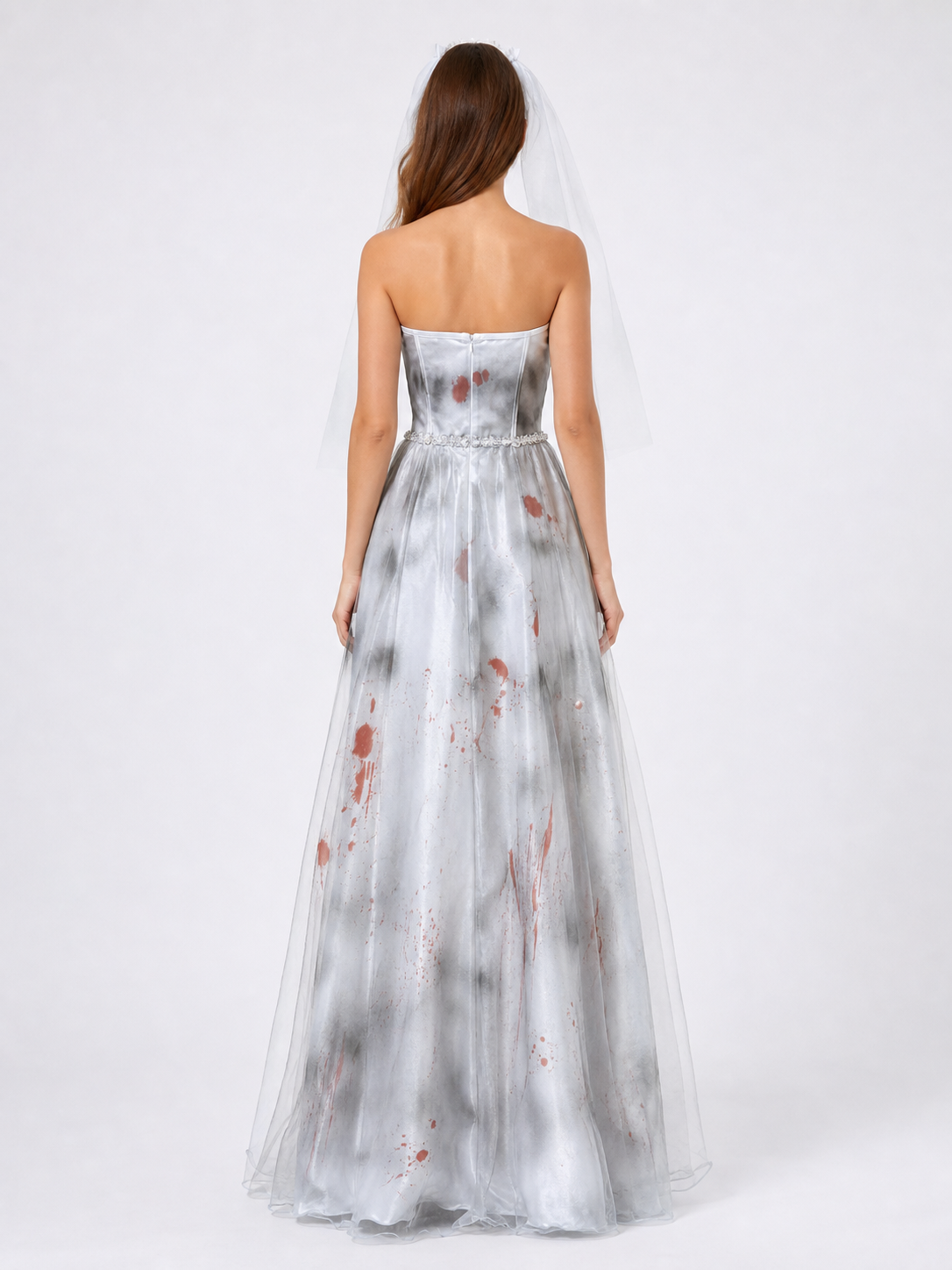 Long Bustier Dress with Red Accents and Decorative Details back view