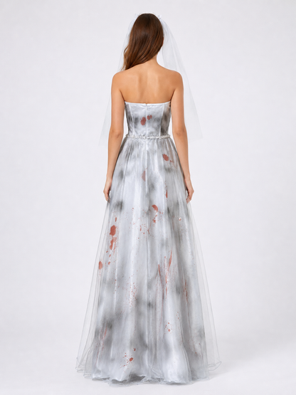 Long Bustier Dress with Red Accents and Decorative Details back view