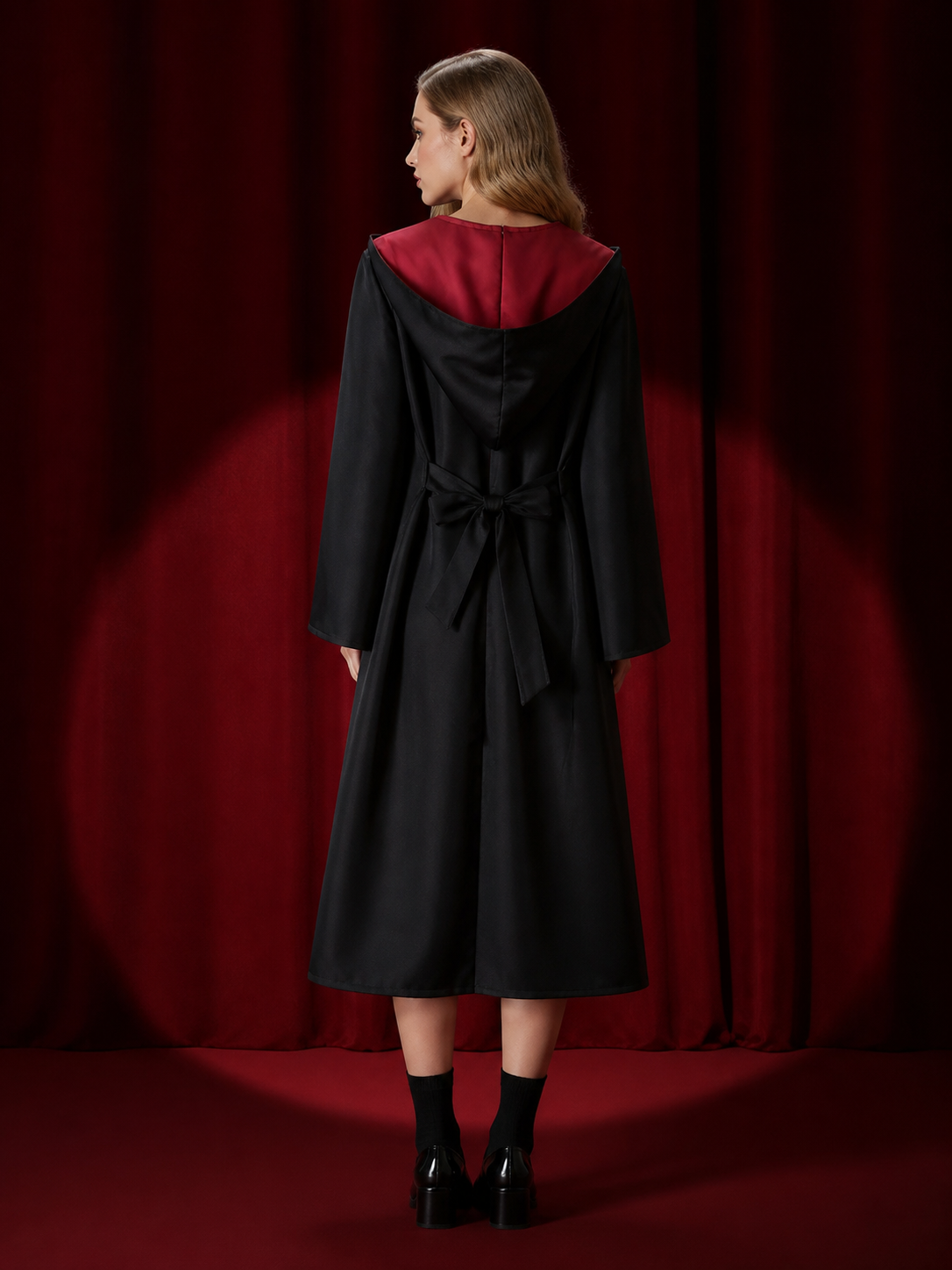Gryffindor Wizard Robe Costume Set, Black Hooded Cape with Red & Gold Tie