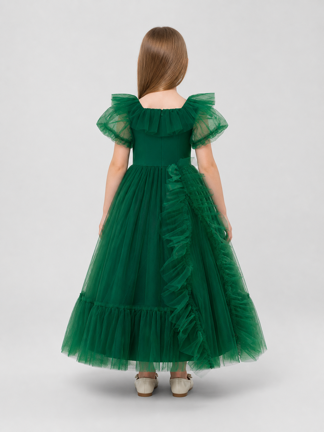 Dark Green Princess Dress for Girls with Full Skirt back view