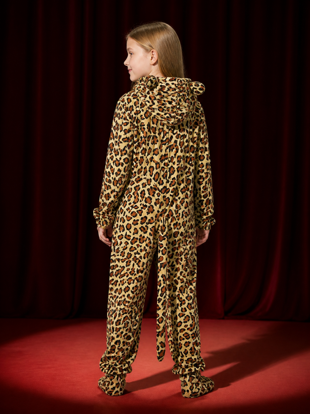 Kids Leopard Animal Onesie Costume with Hood and Tail, Footed Pants back view