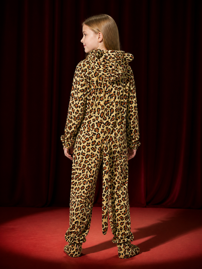 Kids Leopard Animal Onesie Costume with Hood and Tail, Footed Pants back view