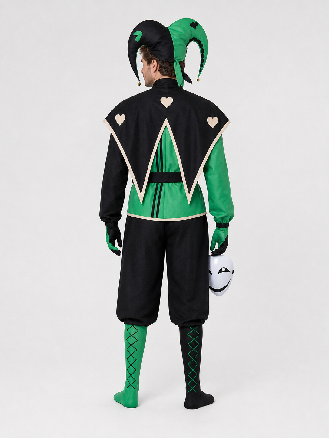 Clown Cosplay Costume, Green and Black Jumpsuit with Mask back view