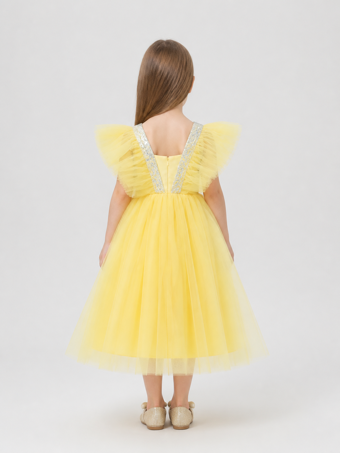 Dressy Yellow Princess Dress for Girls with a Full Skirt back view