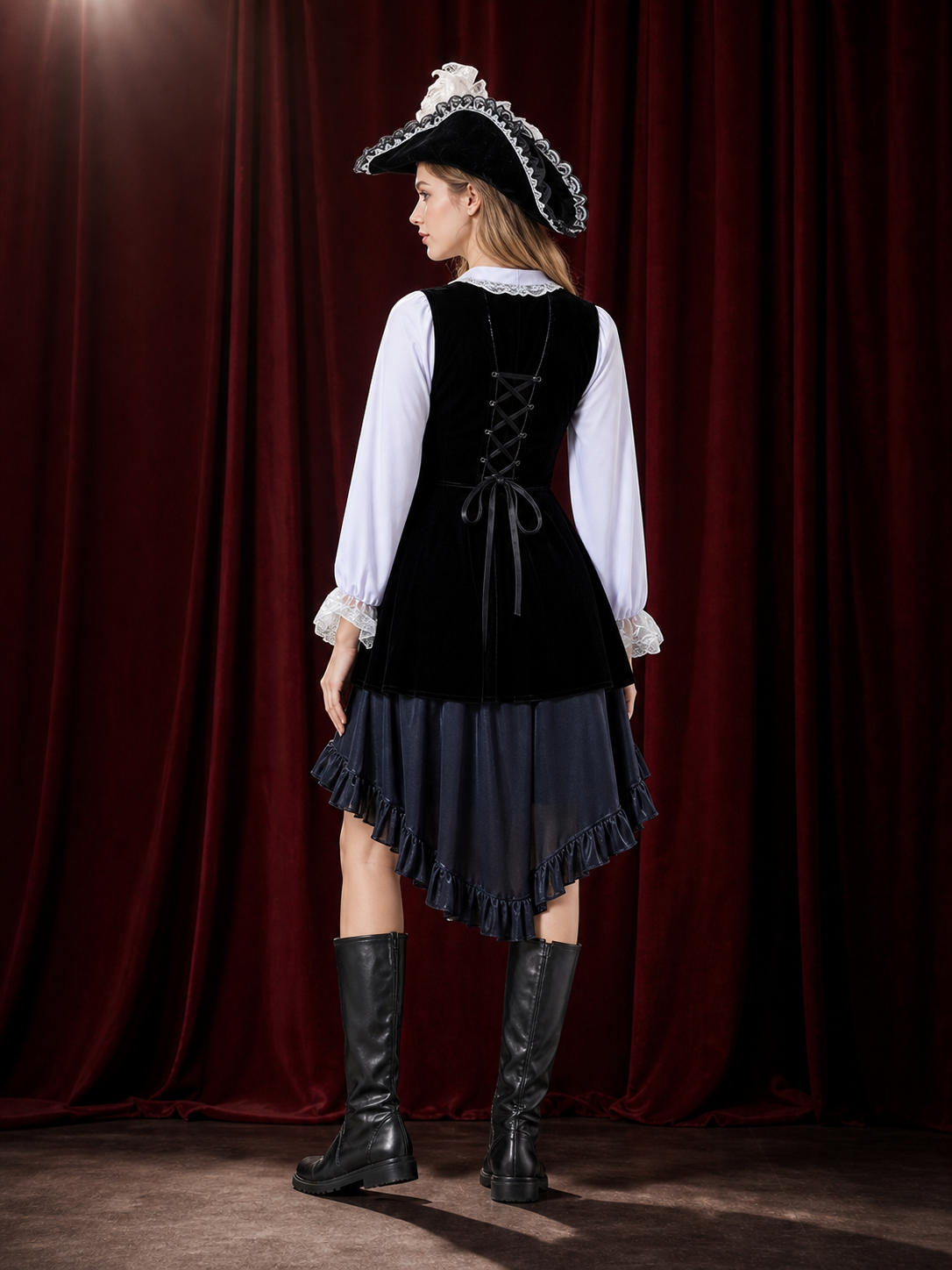 Black And White Pirate Costume Set With Lace Trim, Layered Skirt And Hat back view