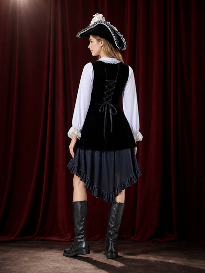 Black And White Pirate Costume Set With Lace Trim, Layered Skirt And Hat back view