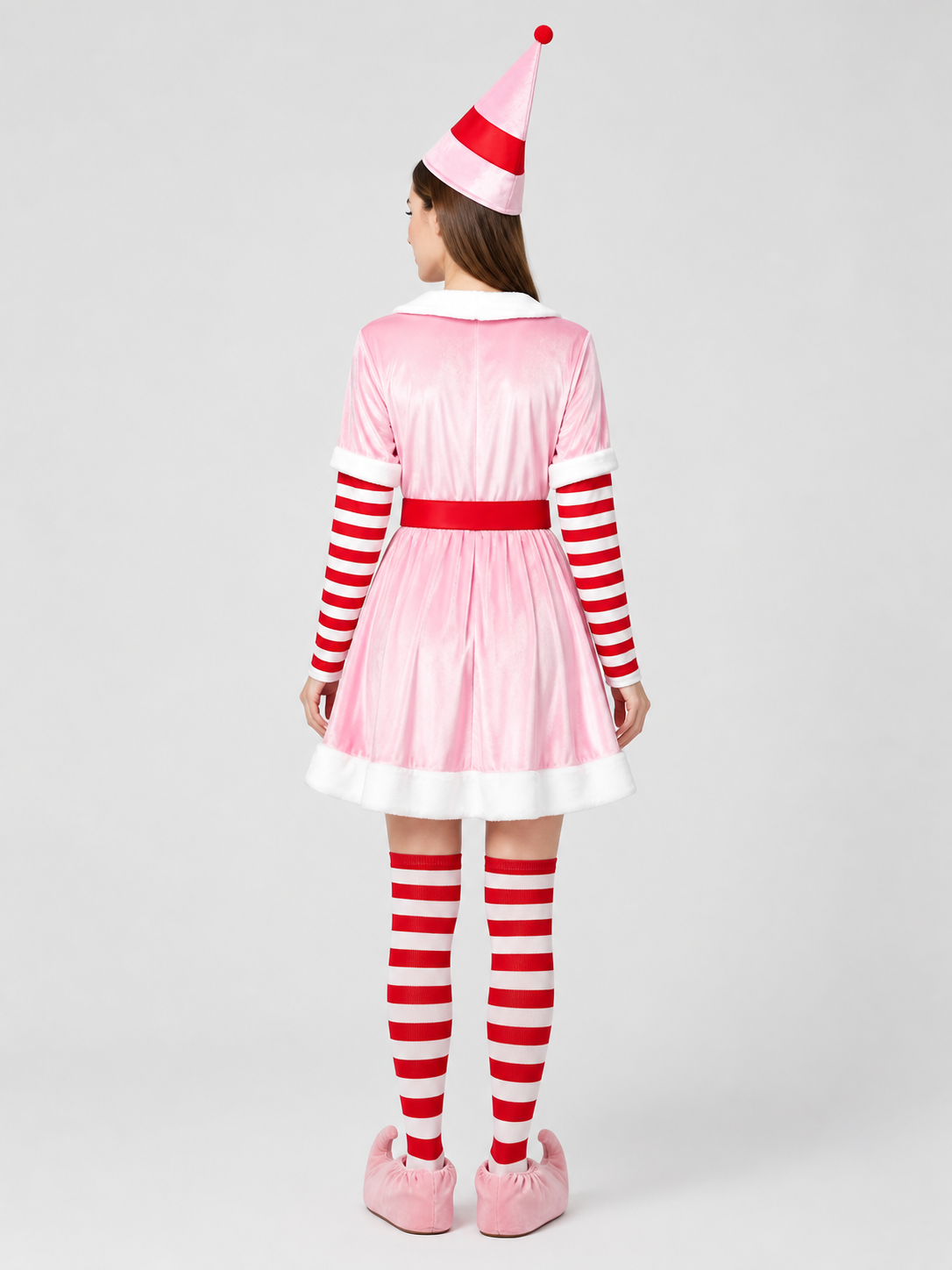 Christmas Elf Costume with Dress, Hat, and Leg Warmers back view