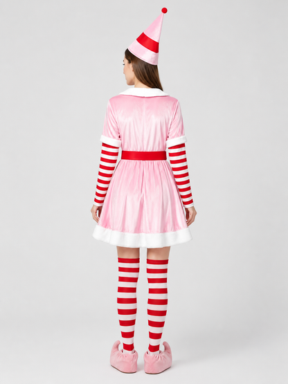 Christmas Elf Costume with Dress, Hat, and Leg Warmers back view