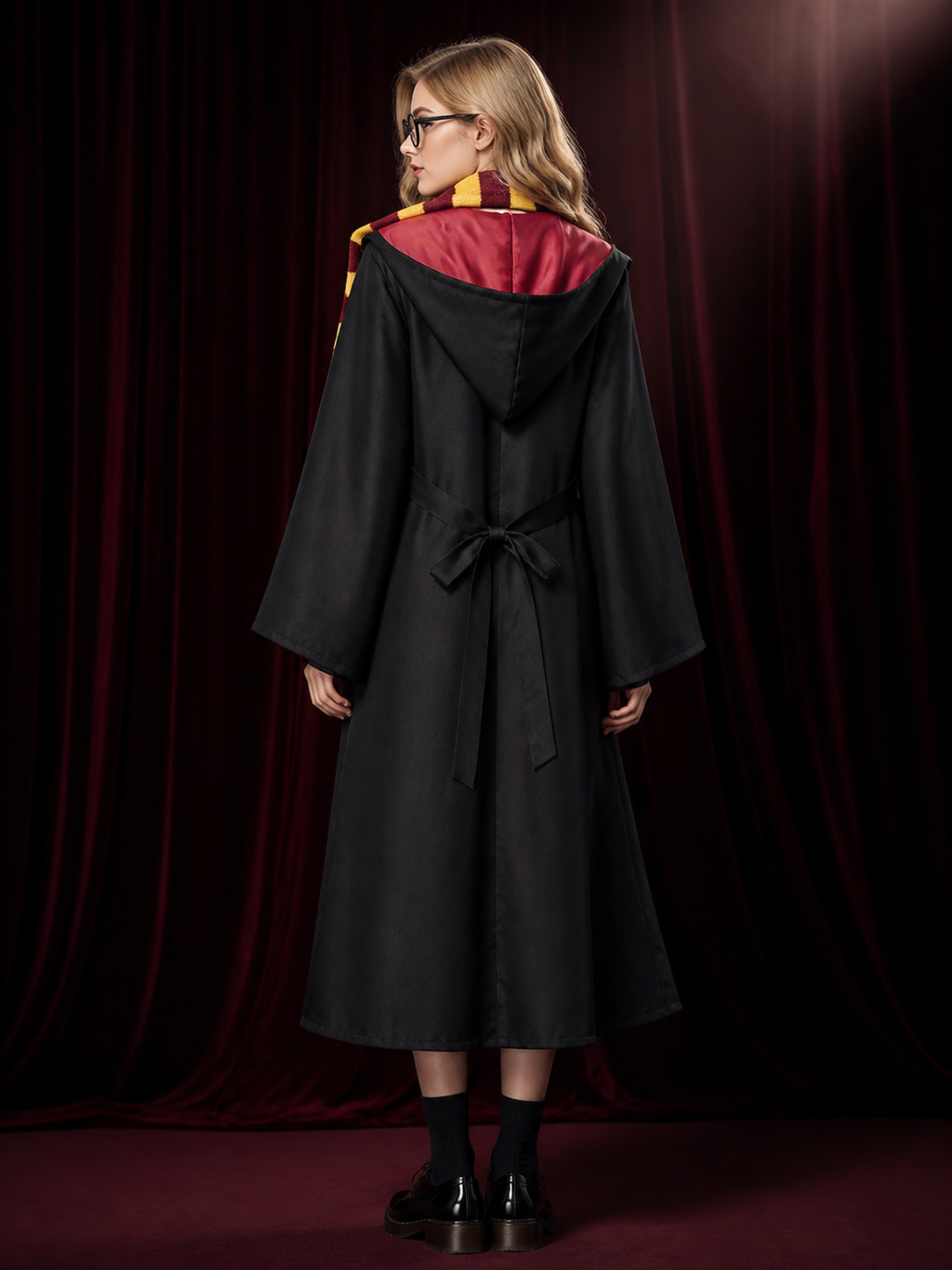Wizard Halloween Costume Set With Hooded Robe, Scarf, Tie, Glasses, Wand & Hat back view