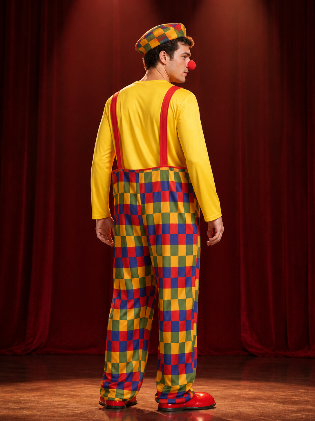 Unisex Adult Clown Costume Set, Colorful Striped Jumpsuit with Hat and Nose back view
