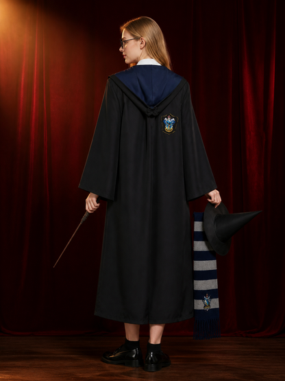 Wizard Academy Robe Costume Set With Hat, Scarf, Tie, Glasses And Wand back view