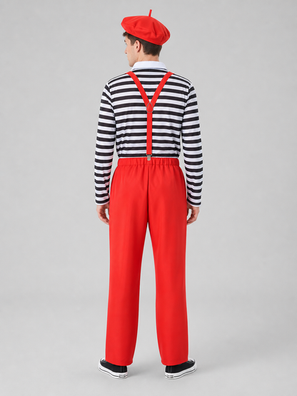 This bright clown costume is designed to create an expressive stage look and a festive transformation. The set includes a red cap with a short protruding crown, round glasses with red frames, a long-sleeve shirt with horizontal black-and-wh