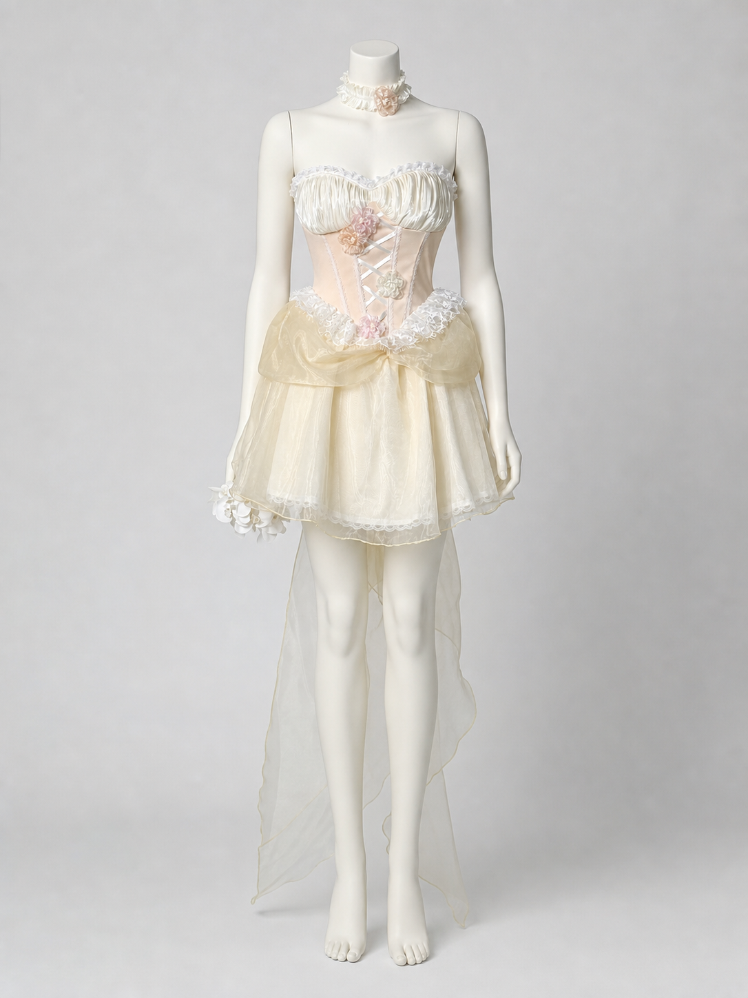 Carnival Dress with Corset, Flowers, and Train back view