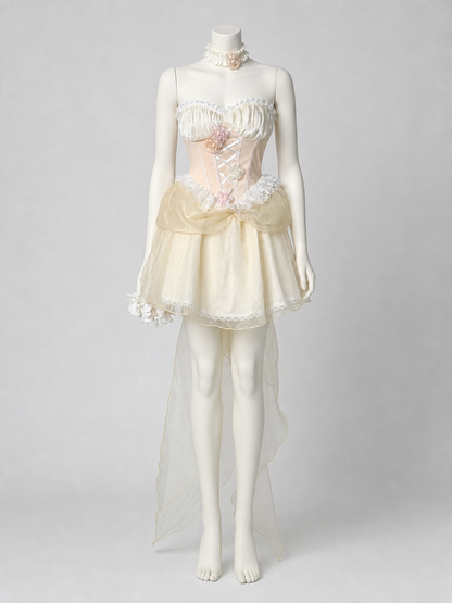 Carnival Dress with Corset, Flowers, and Train back view