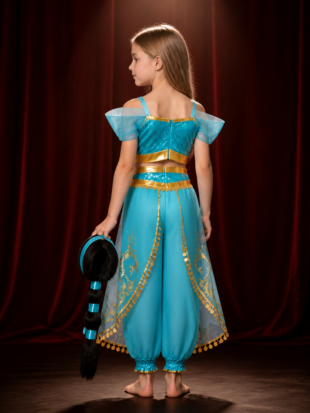 Girls' Arabian Princess Sequin Halloween Costume Set With Top, Pants And Wig back view