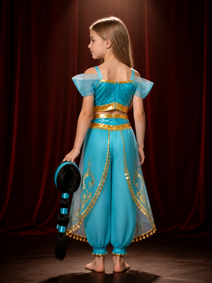 Girls' Arabian Princess Sequin Halloween Costume Set With Top, Pants And Wig back view
