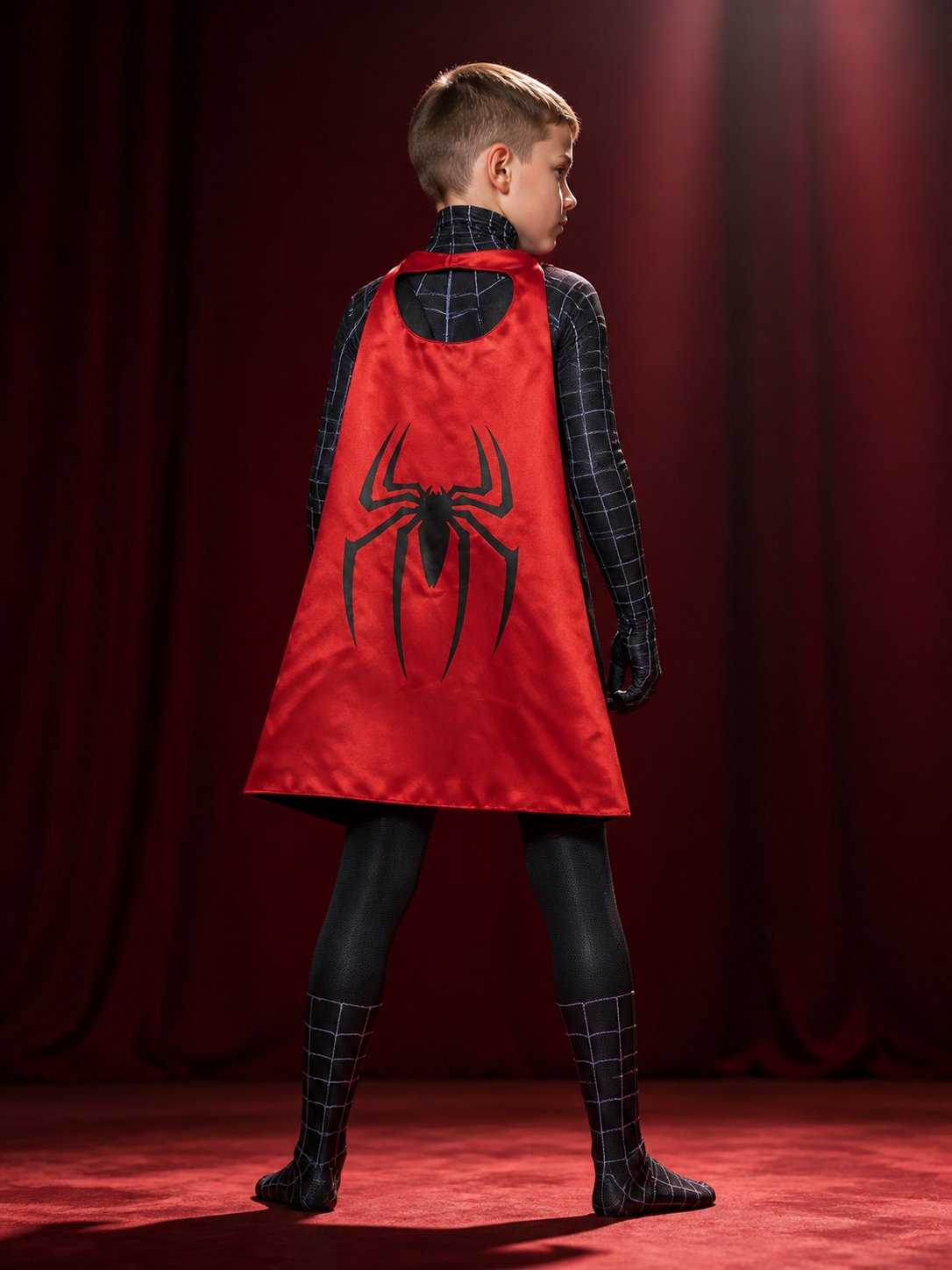 Black Spider-Themed Bodysuit Costume With Cape And Integrated Mask back view