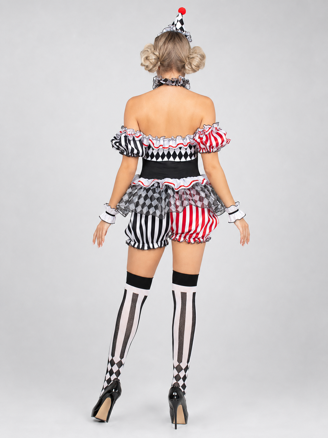 Clown Cosplay Costume with Ruffles and Pom-Poms