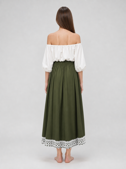 Long olive A-line skirt with lace