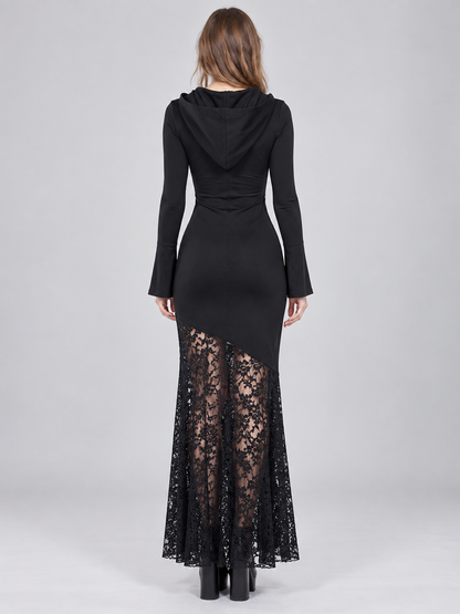 Gothic Long Hooded Dress with Lace Black