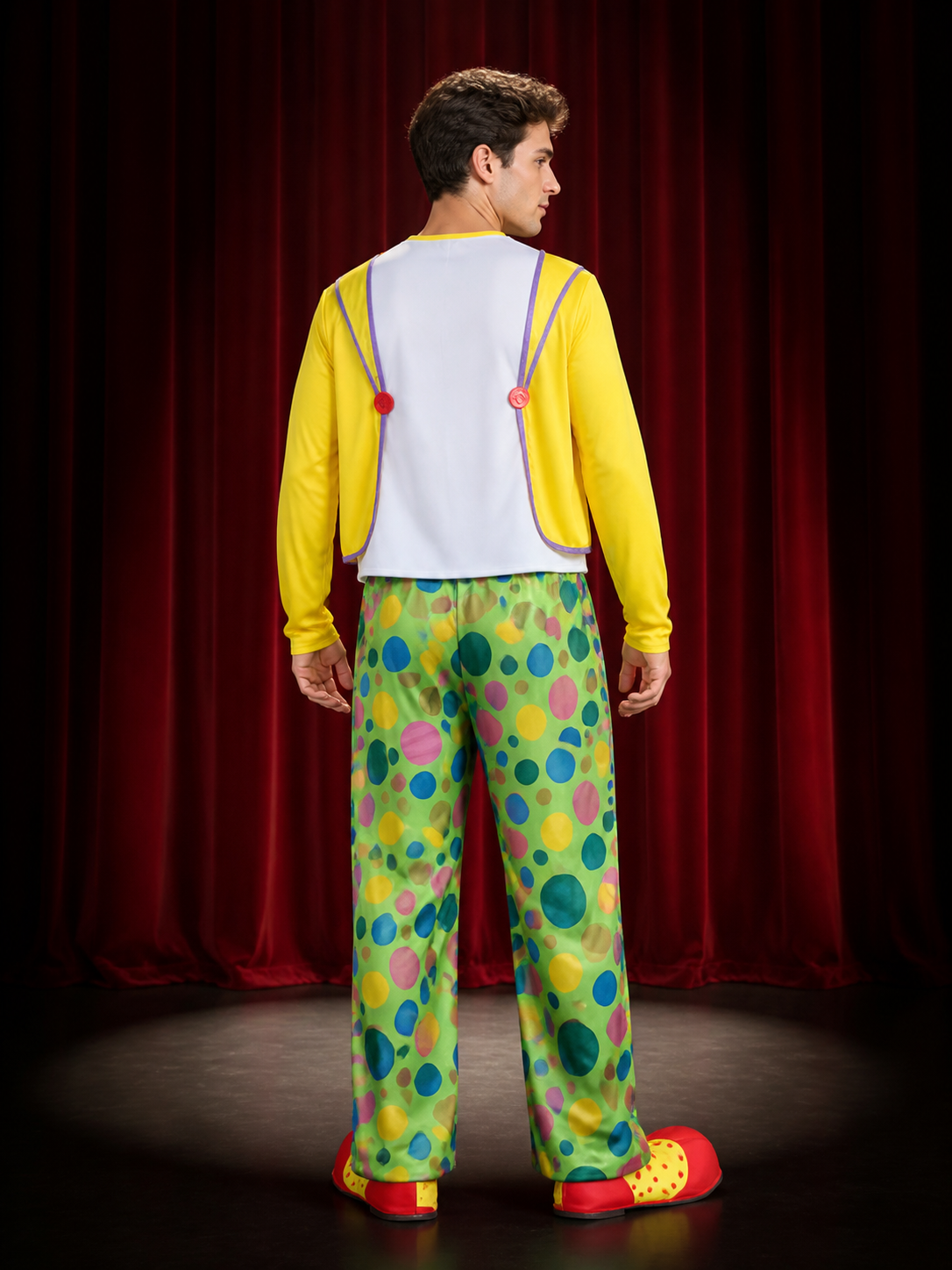 Unisex Clown Jumpsuit Costume Set with Vest & Tie, Halloween Outfit back view