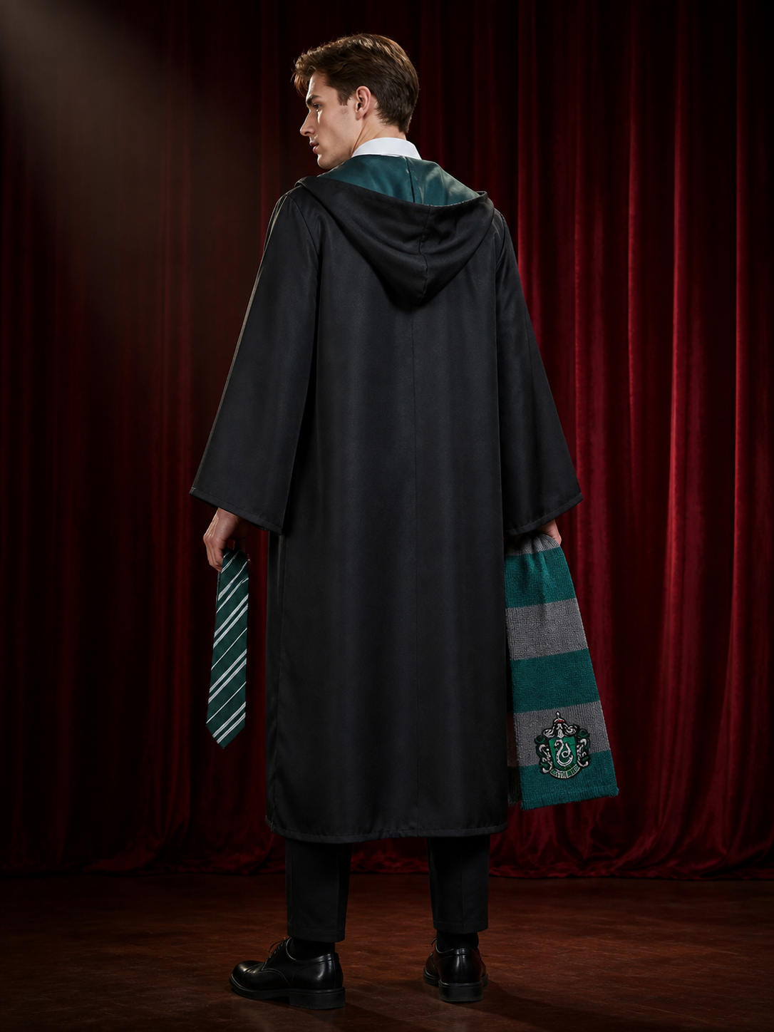 Kids Wizard Robe Costume Set, Hooded Black Robe with Striped Tie and Scarf back view