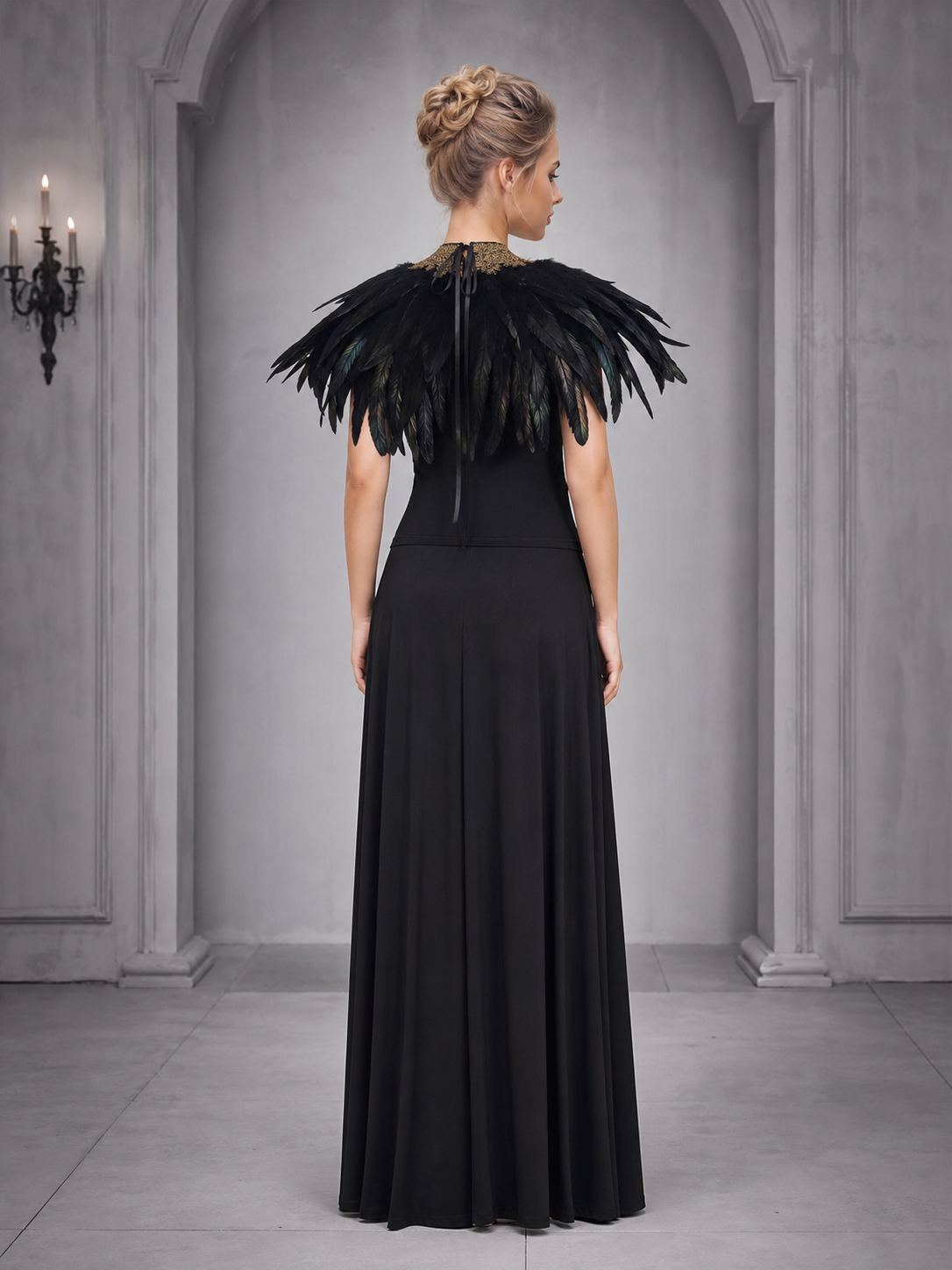 Black Feather Capelet with Gold Lace-Trimmed Collar, Feathered Shoulder Cape for Halloween Gothic Costume Role Play Party, Cosplay Cape Accessory