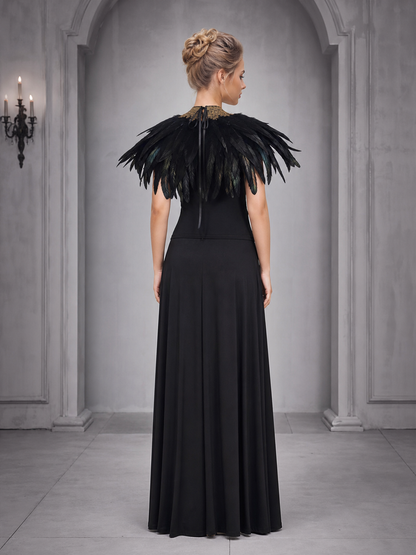 Black Feather Capelet with Gold Lace-Trimmed Collar, Feathered Shoulder Cape for Halloween Gothic Costume Role Play Party, Cosplay Cape Accessory